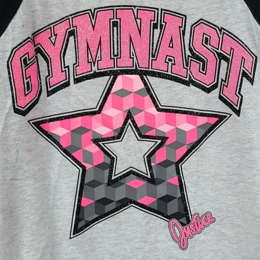 Justice Girls 8 GYMNAST Pink Glitter Raglan T-Shirt Black Gray Tee Knit Top